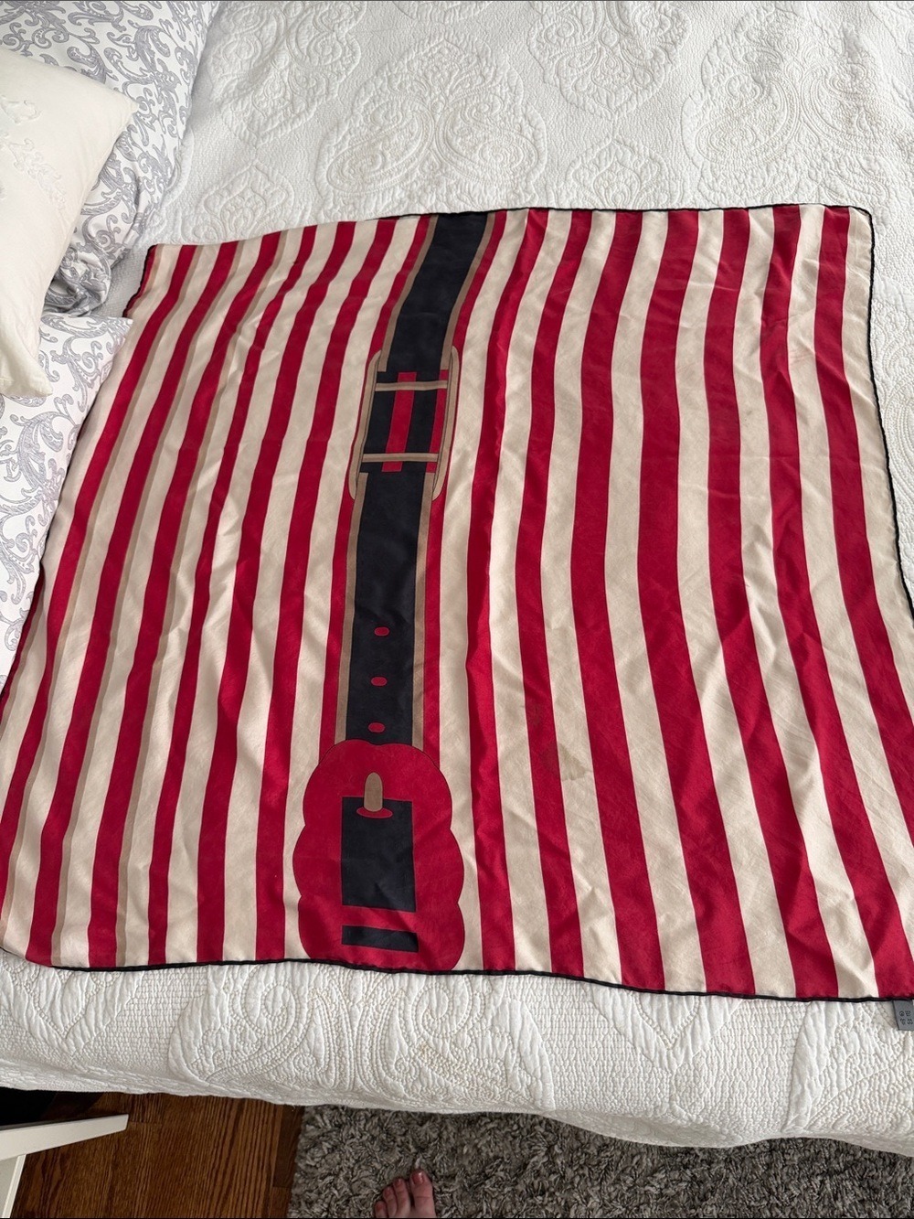 Vintage Silk Belt Motif Square Scarf Red Cream Striped 33x33